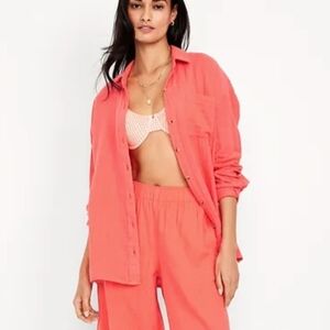 Old Navy 100% Cotton Coral Tropics Button-Up Top Size XXL